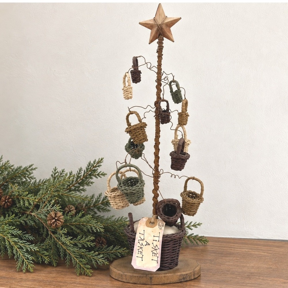 Vintage Mini Basket Tree Hand Woven Wicker Folk Art Christmas Primitive Holiday